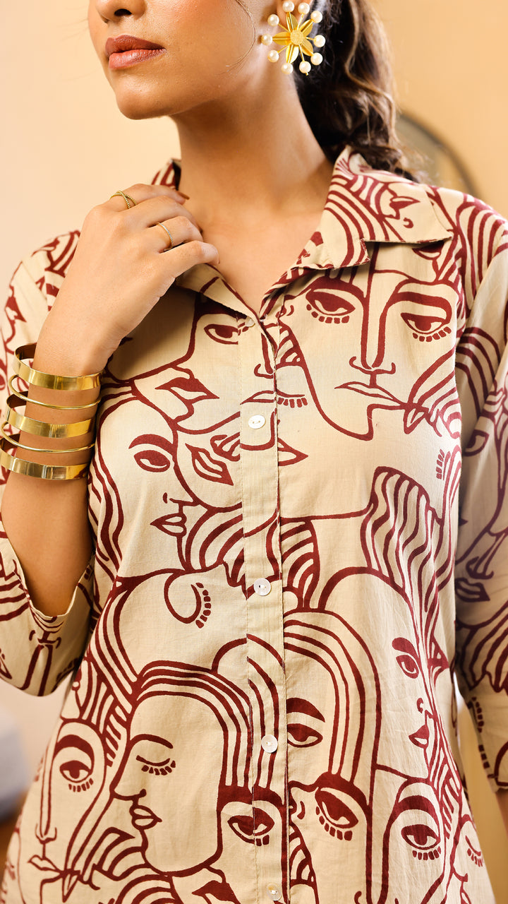 Beige & Maroon Abstract Face Print Co-ord Set
