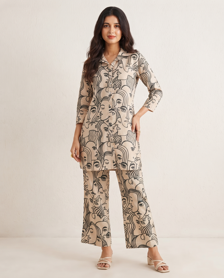 Beige & Green Artistic Face Print Co-ord Set