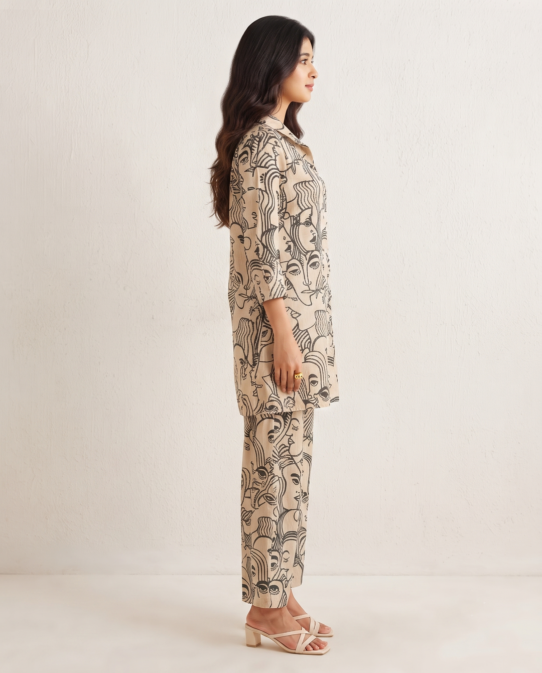 Beige & Green Artistic Face Print Co-ord Set