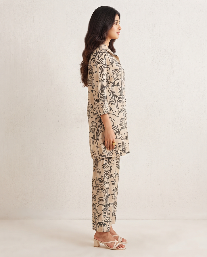 Beige & Green Artistic Face Print Co-ord Set