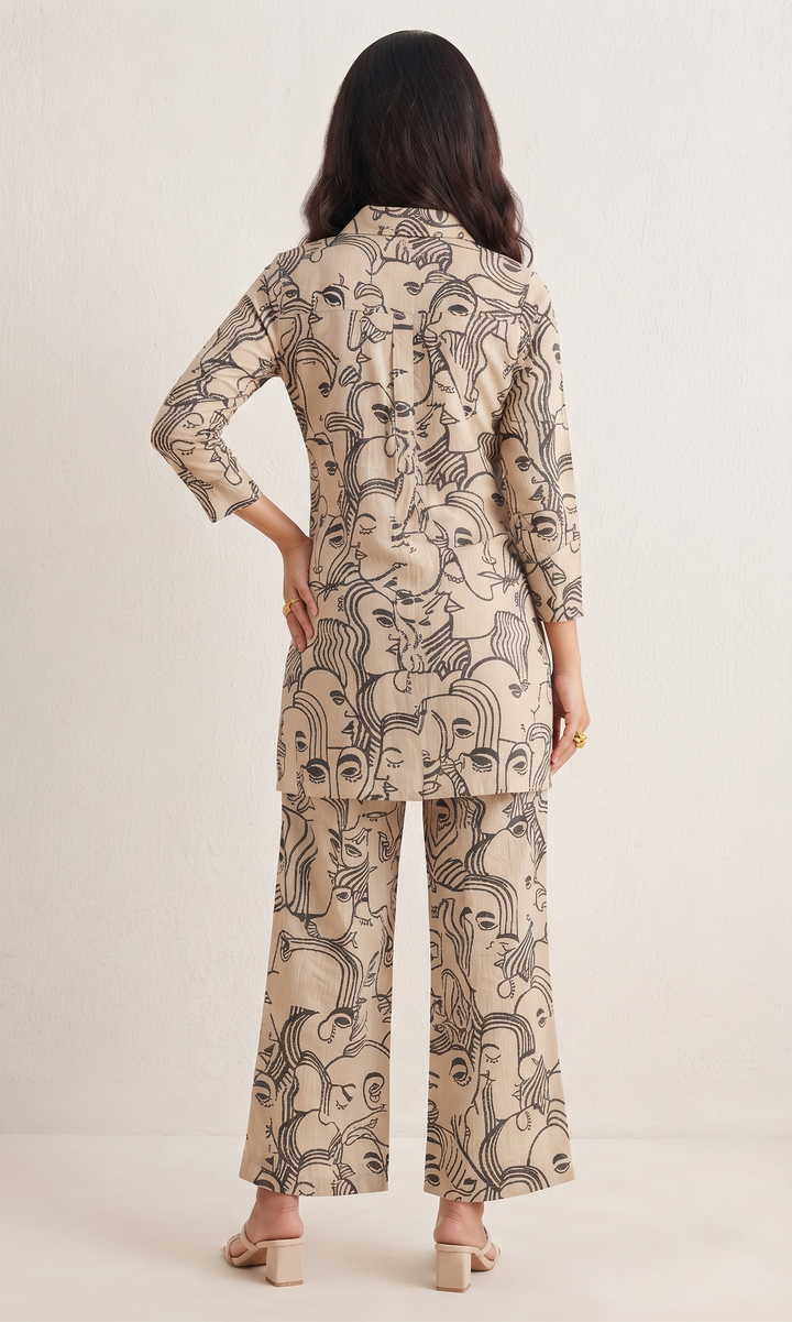 Beige & Green Artistic Face Print Co-ord Set