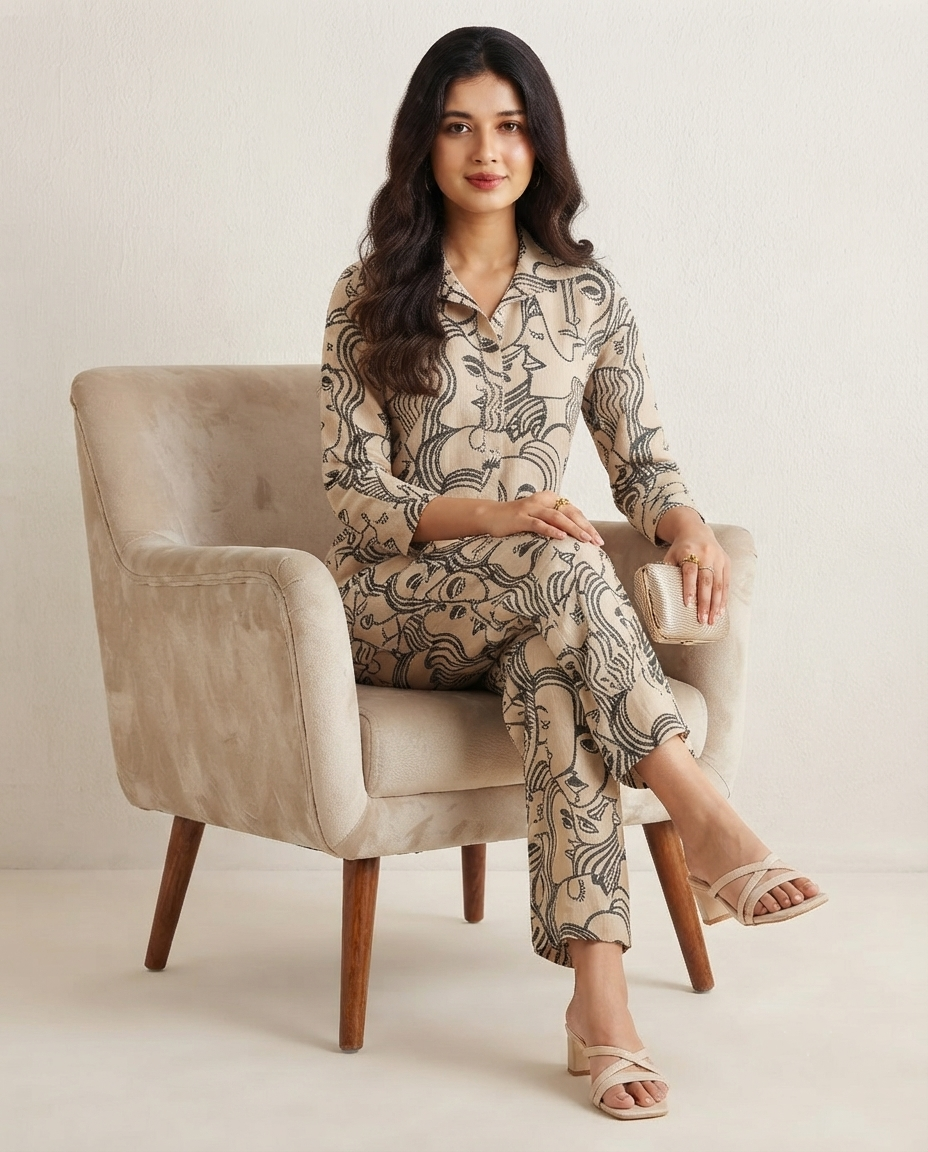 Beige & Green Artistic Face Print Co-ord Set