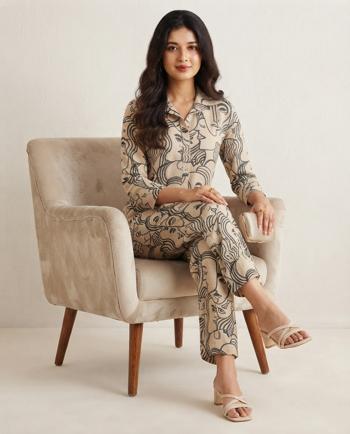 Beige & Green Artistic Face Print Co-ord Set