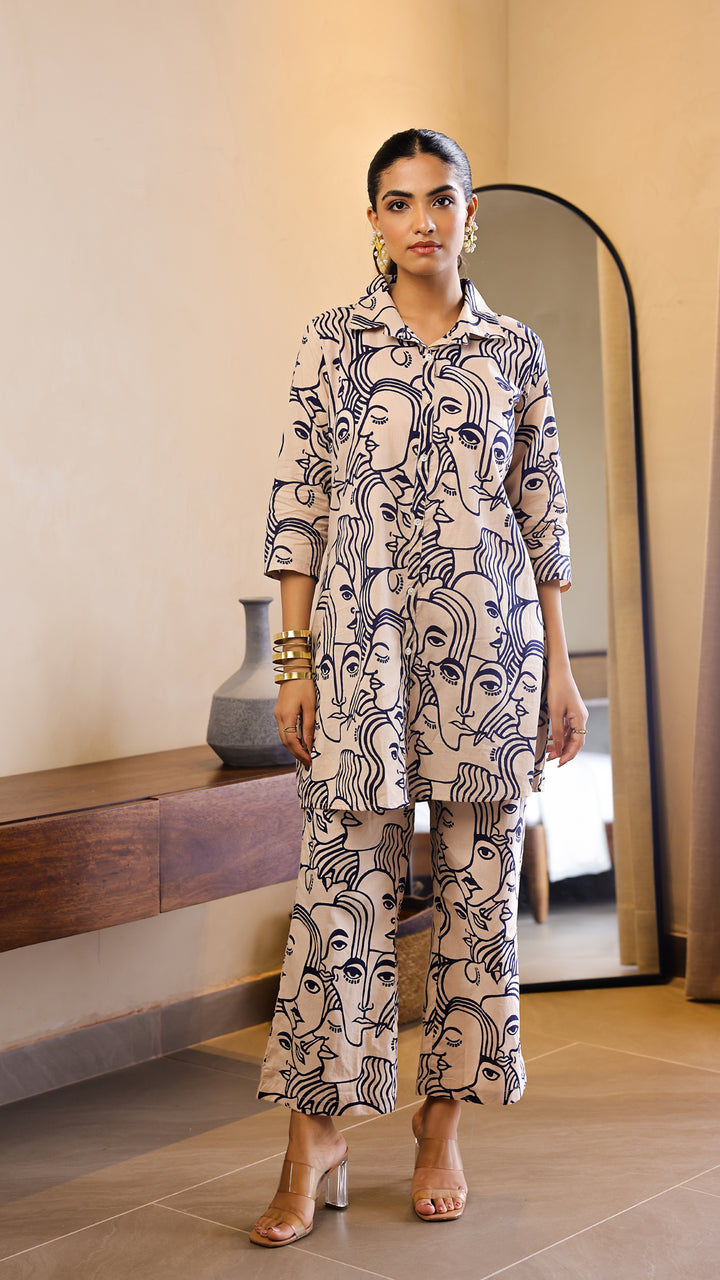 Beige & Navy Blue Artistic Face Print Co-ord Set