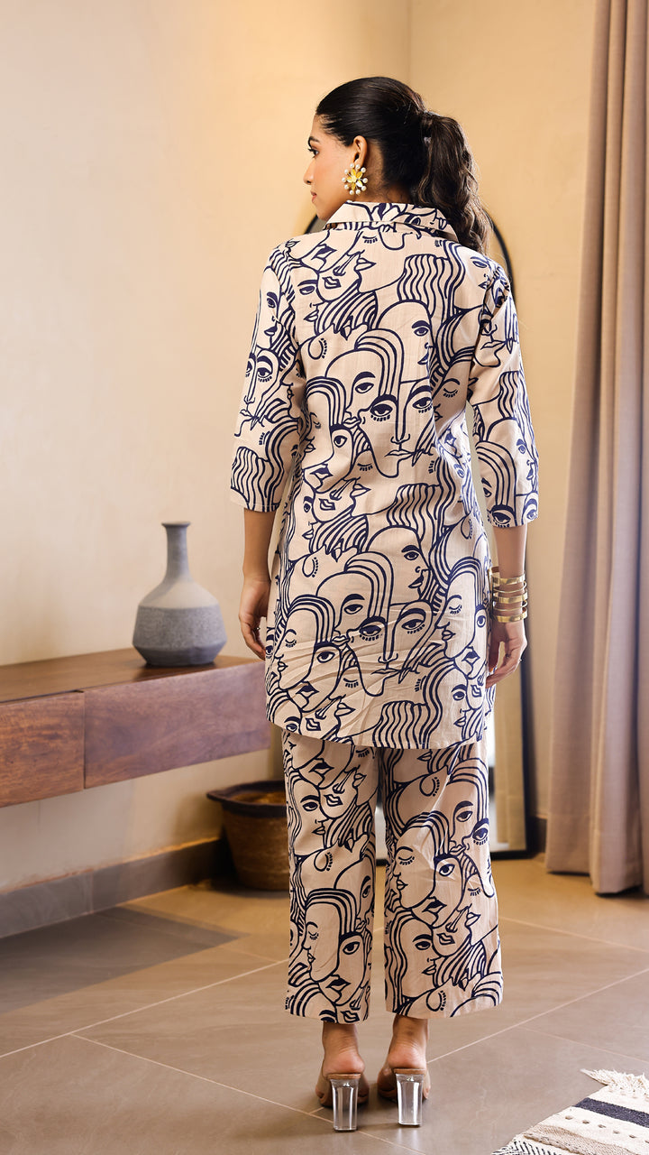 Beige & Navy Blue Artistic Face Print Co-ord Set
