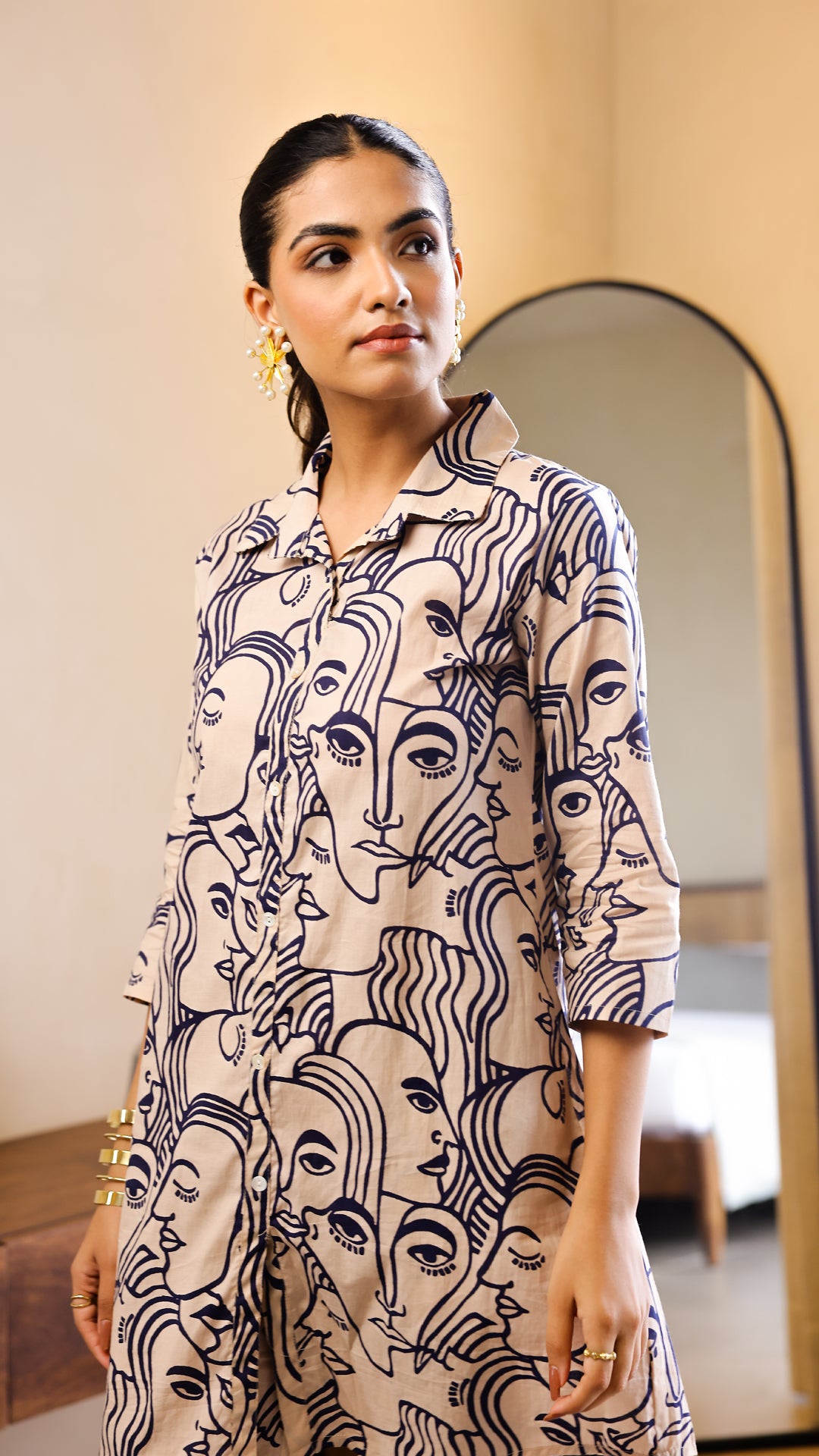 Beige & Navy Blue Artistic Face Print Co-ord Set