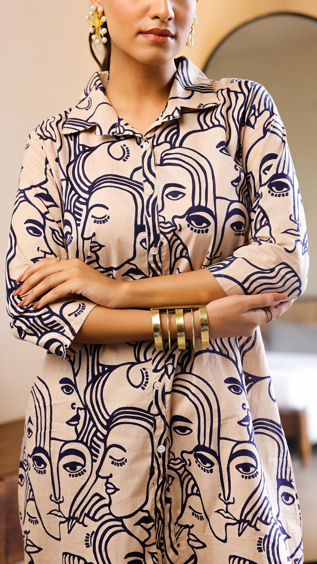 Beige & Navy Blue Artistic Face Print Co-ord Set