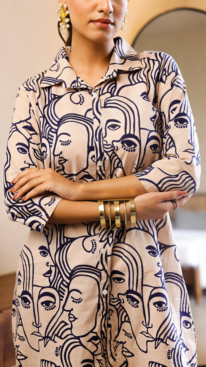 Beige & Navy Blue Artistic Face Print Co-ord Set