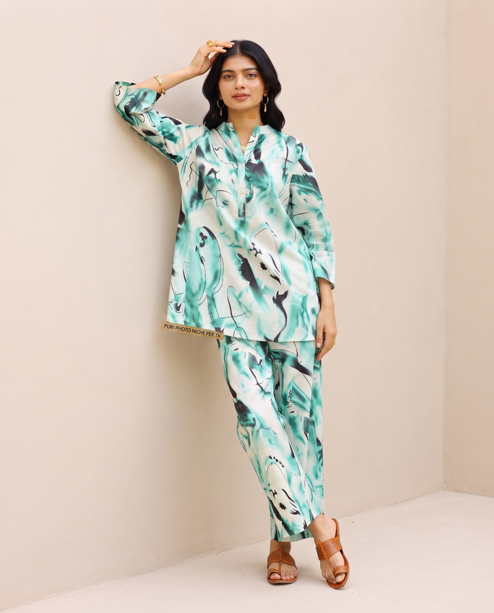 Aqua Abstract Co-ord Set for Women