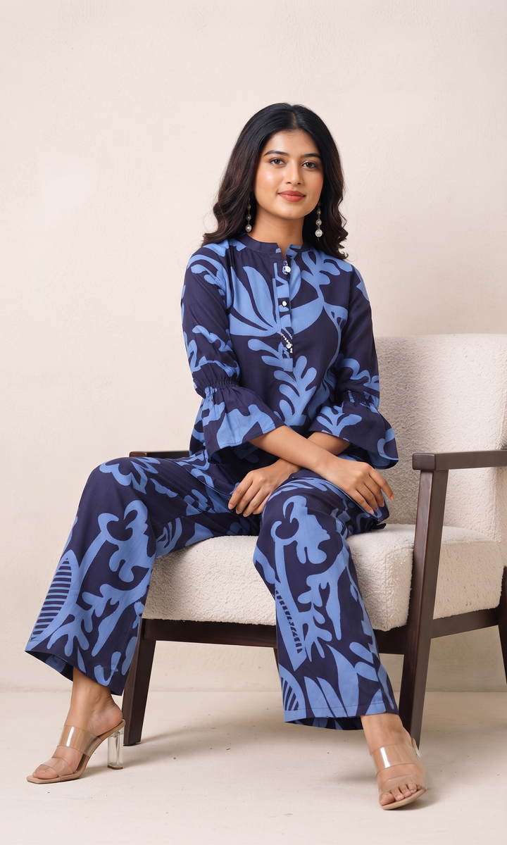 Midnight Blue Leaf Print Co-ord Set