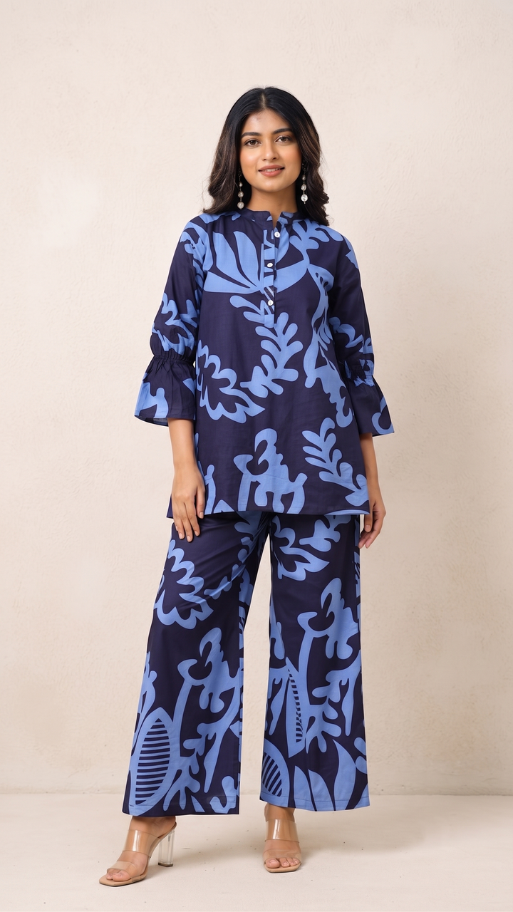Midnight Blue Leaf Print Co-ord Set