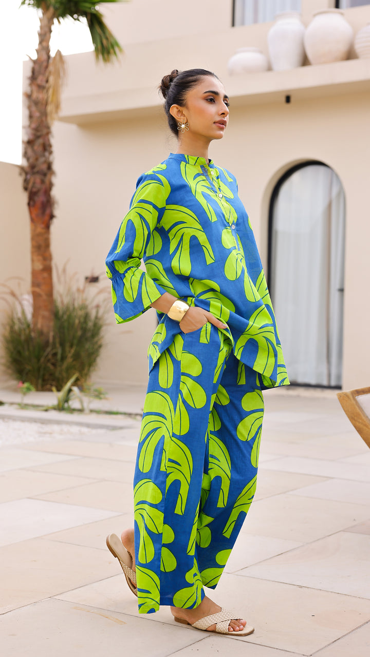 Blue & Lime Green Tropical Print Co-Ord Set