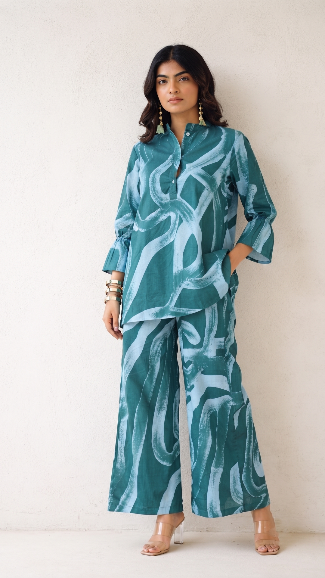 Teal Tide Co-ord Set – Aqua Abstract Cotton Set