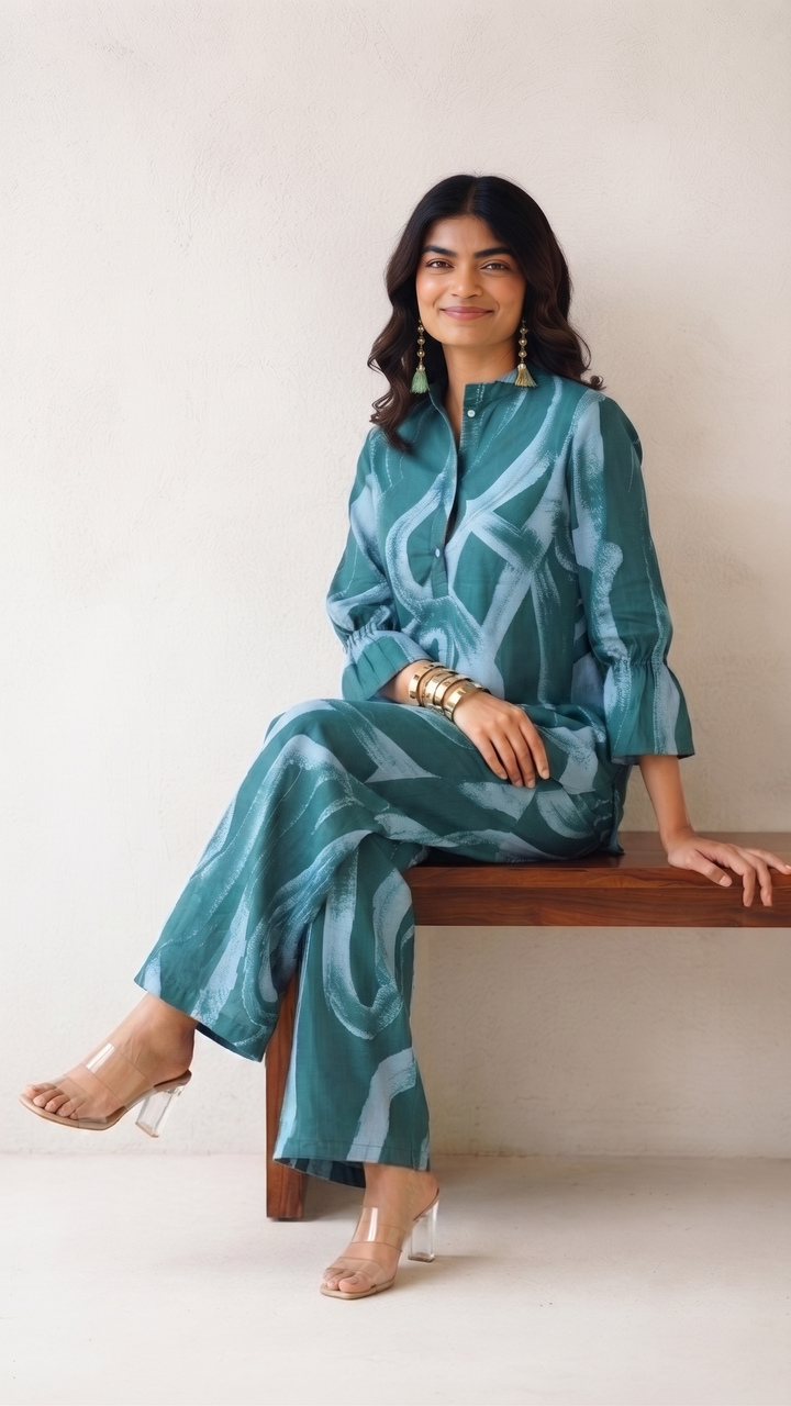 Teal Tide Co-ord Set – Aqua Abstract Cotton Set