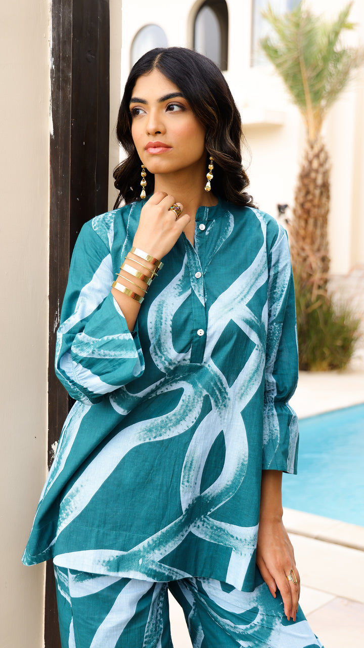 Teal Tide Co-ord Set – Aqua Abstract Cotton Set