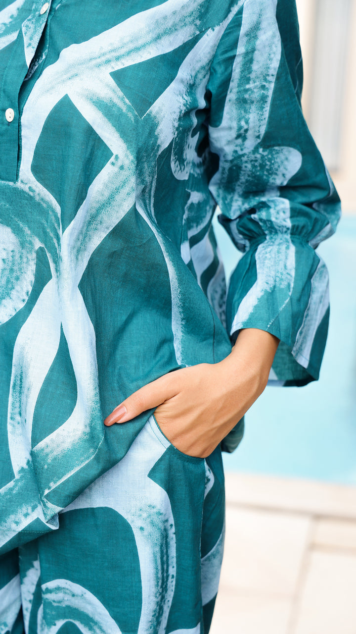 Teal Tide Co-ord Set – Aqua Abstract Cotton Set