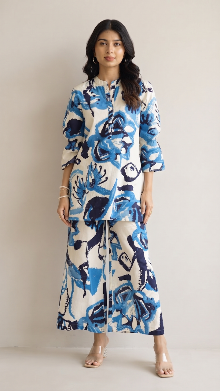 Ocean Breeze Co-ord Set – Blue Abstract Cotton Coord for Women
