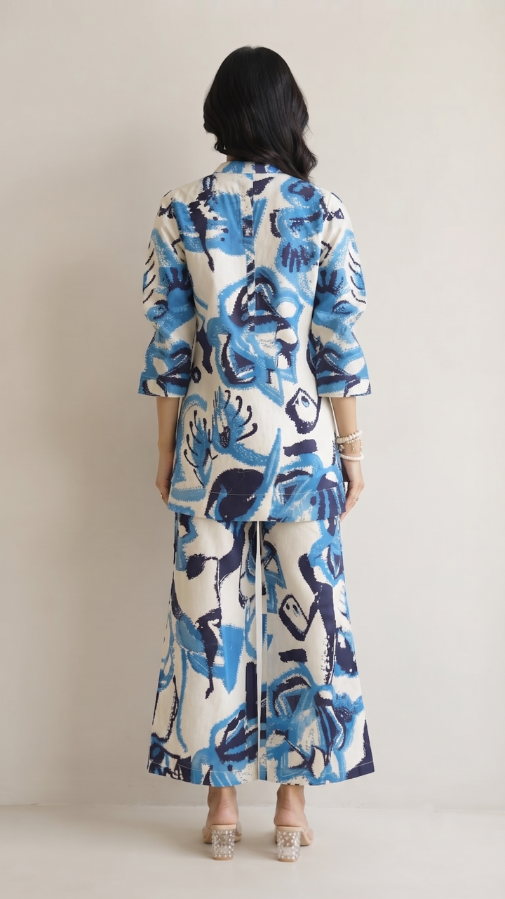 Ocean Breeze Co-ord Set – Blue Abstract Cotton Coord for Women