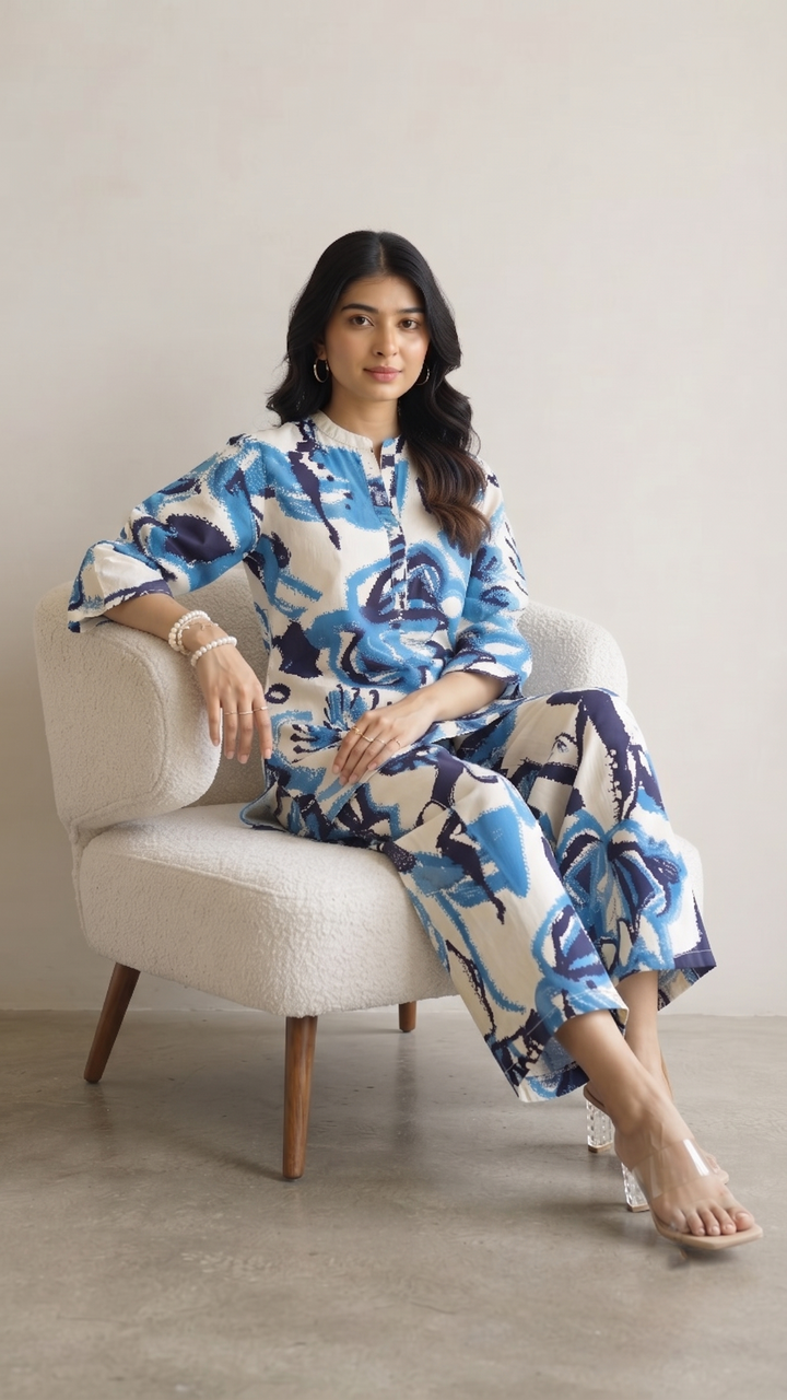 Ocean Breeze Co-ord Set – Blue Abstract Cotton Coord for Women