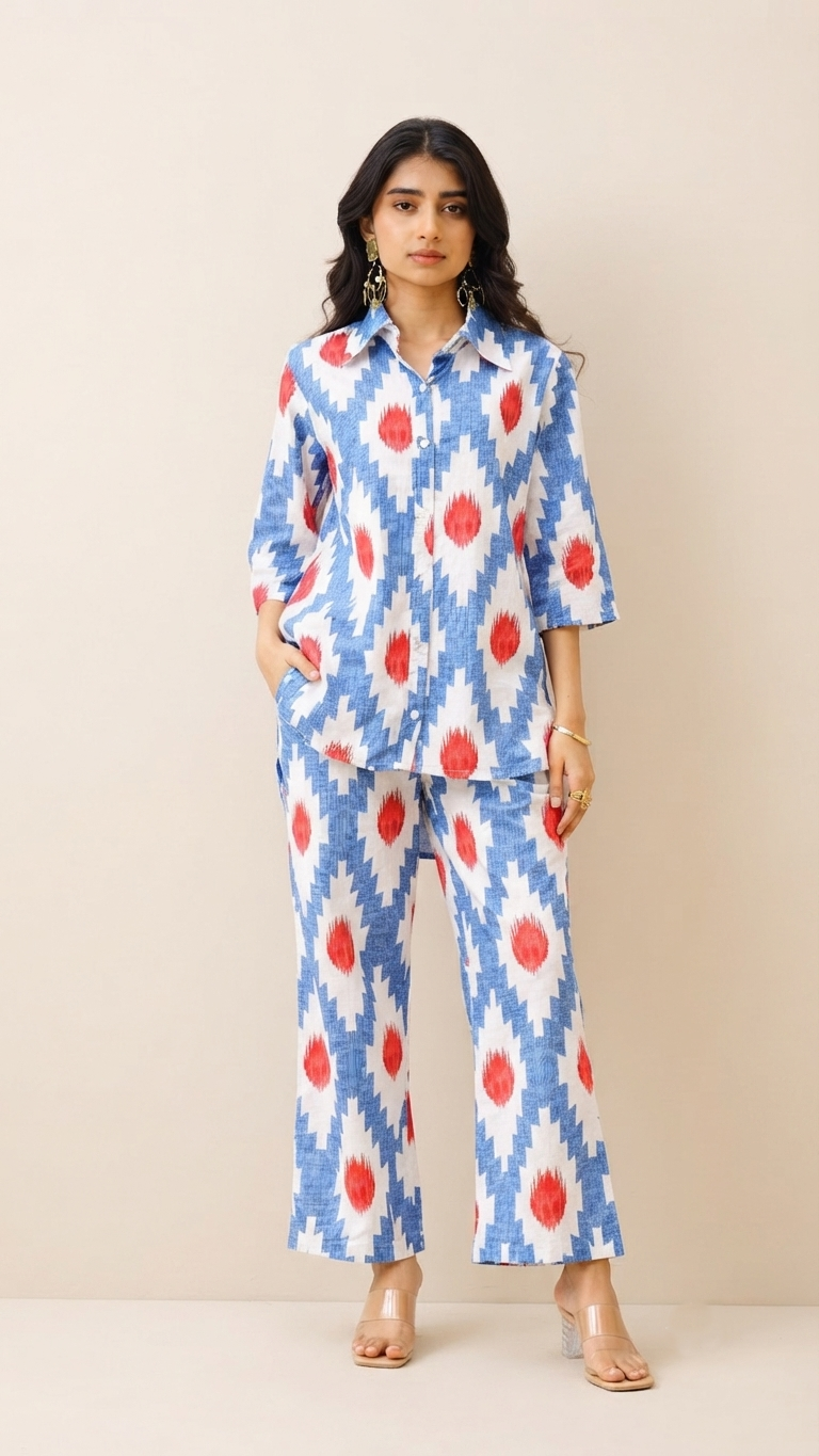 Tribal Bloom Co-ord Set – Red & Blue Ikat Cotton Set