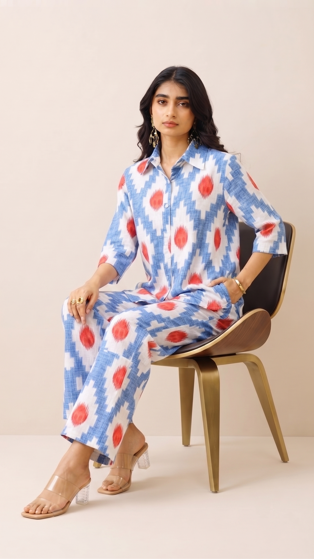 Tribal Bloom Co-ord Set – Red & Blue Ikat Cotton Set