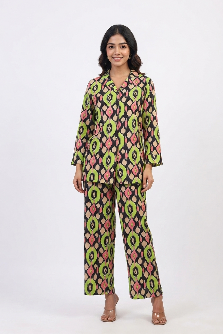Geometric Print Cotton Co-ord Set - Top & Trousers