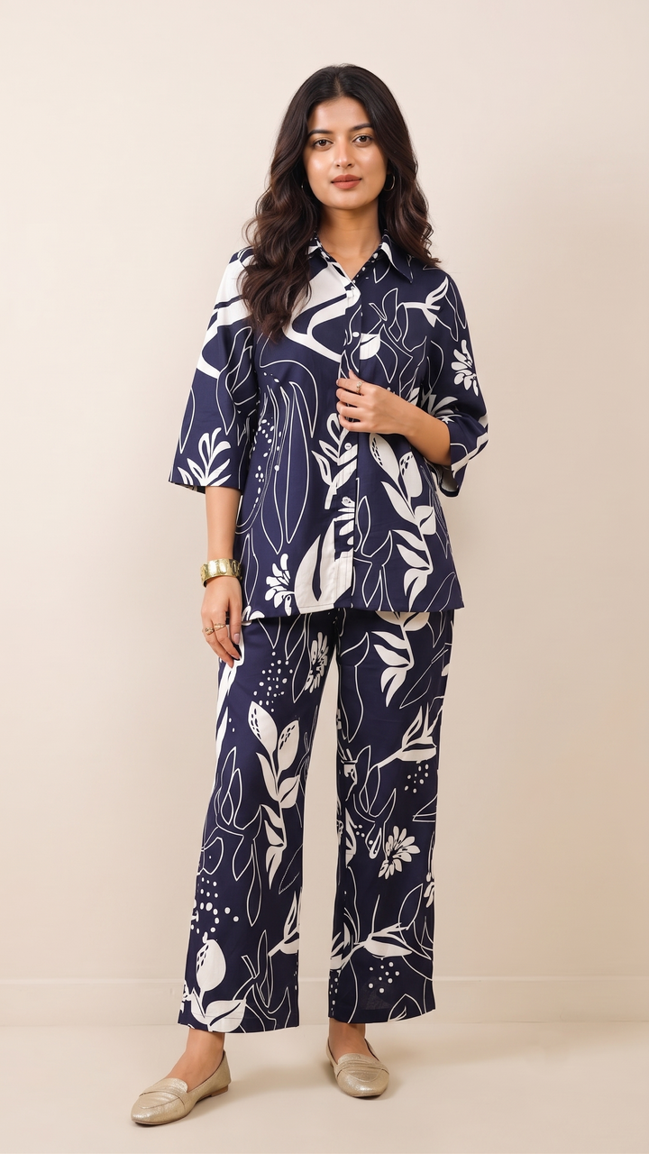 Noir Bloom Co-ord Set – Navy & White
