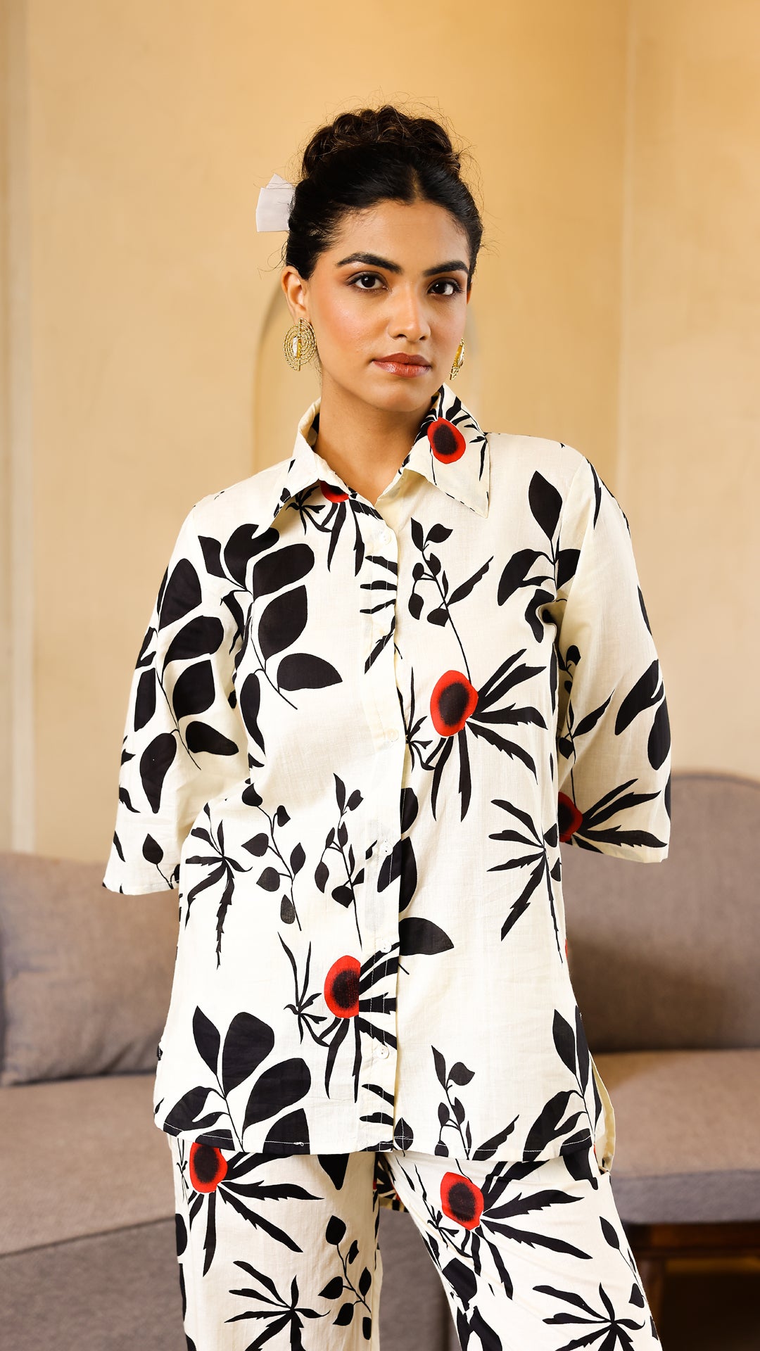 Floral Abstract Co-ord Set – Off-White & Black