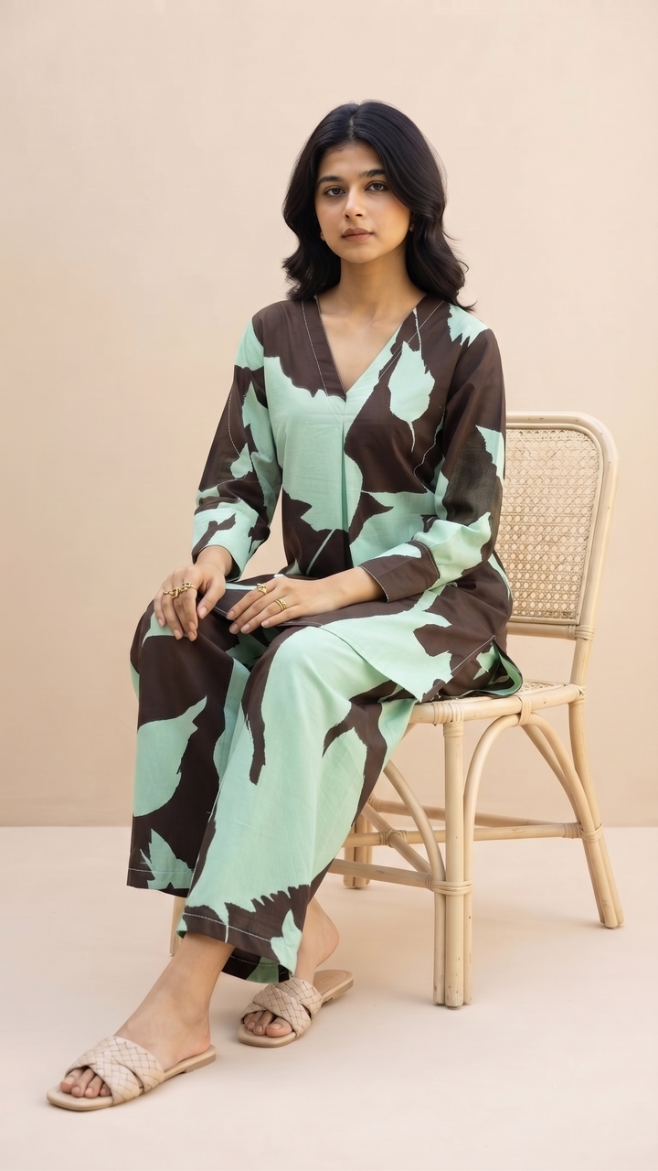 Mint Leaf Co-ord Set – Bold Leaf Print Summer Set