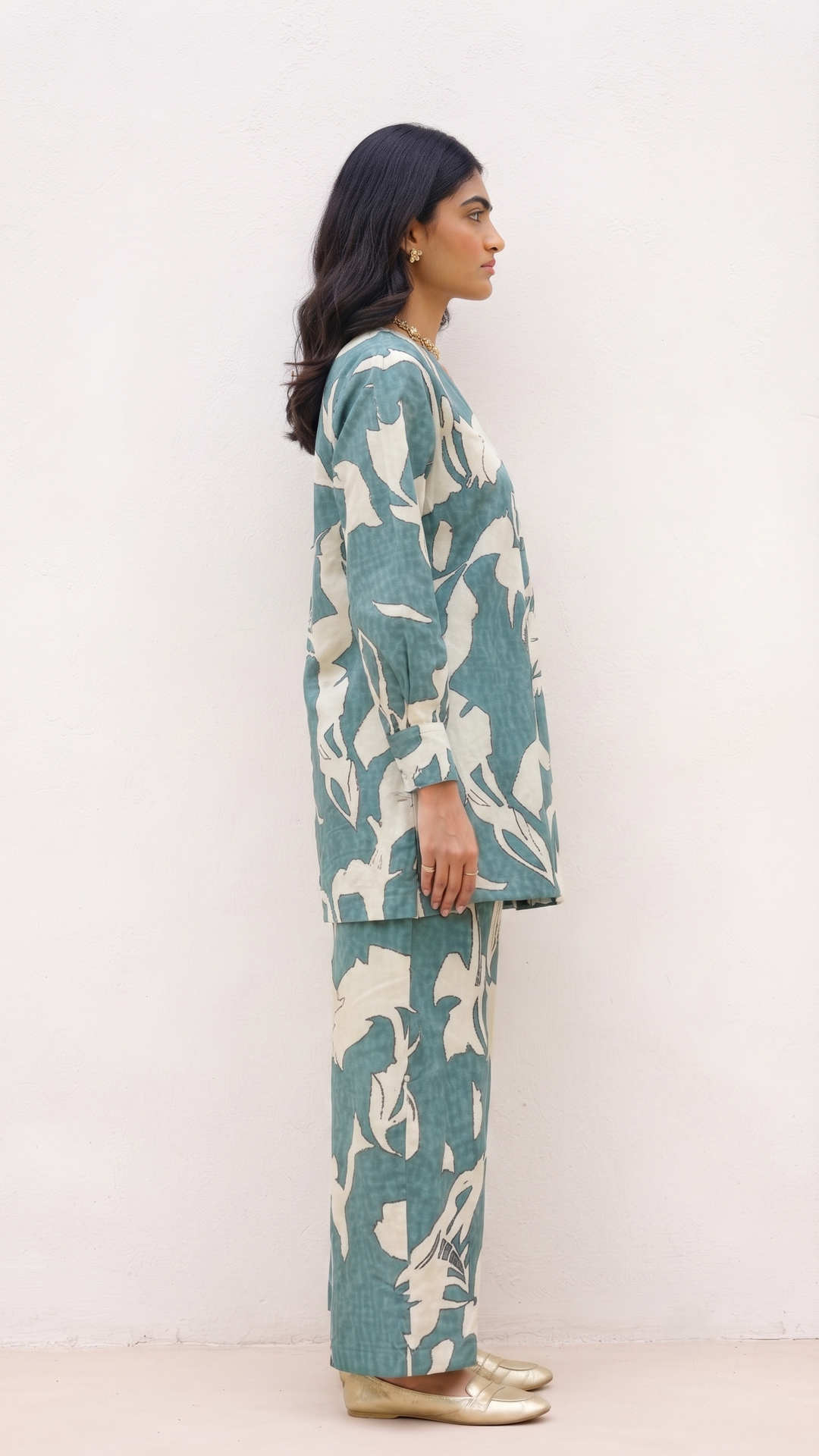 Tropical Leaf Co-ord Set – Teal & Ivory