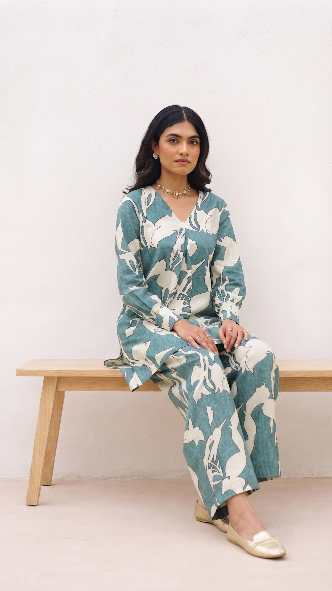 Tropical Leaf Co-ord Set – Teal & Ivory