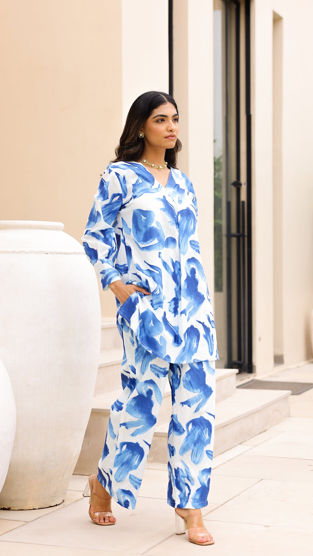 Watercolor Print Co-ord Set – Blue & White