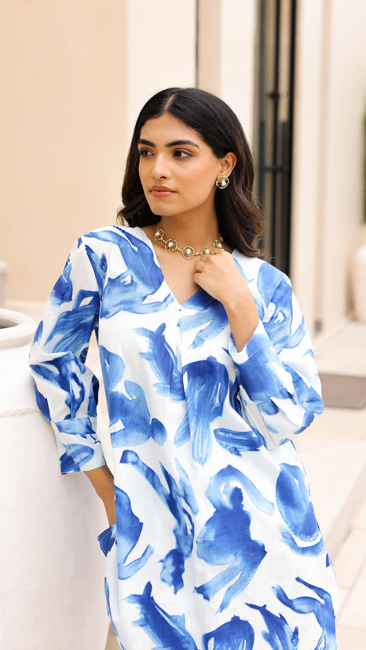 Watercolor Print Co-ord Set – Blue & White