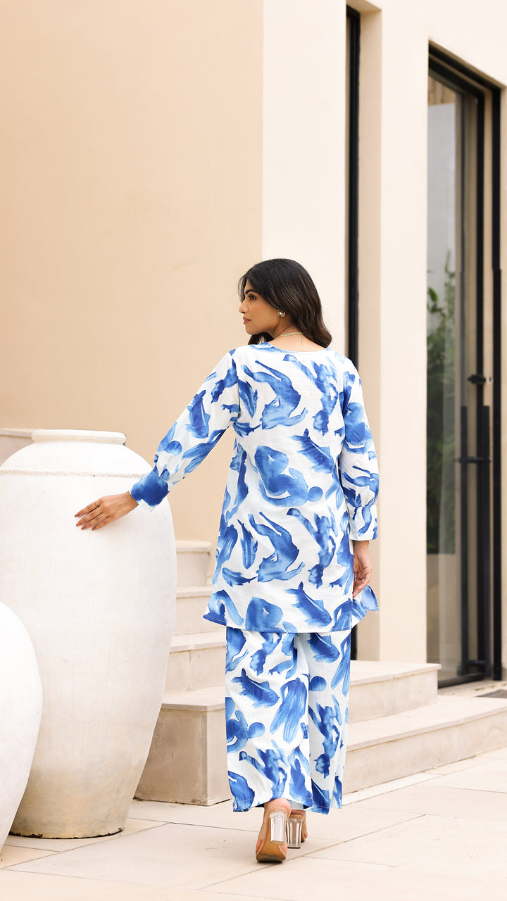 Watercolor Print Co-ord Set – Blue & White