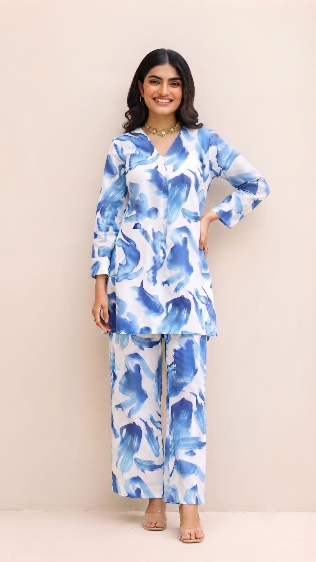 Watercolor Print Co-ord Set – Blue & White