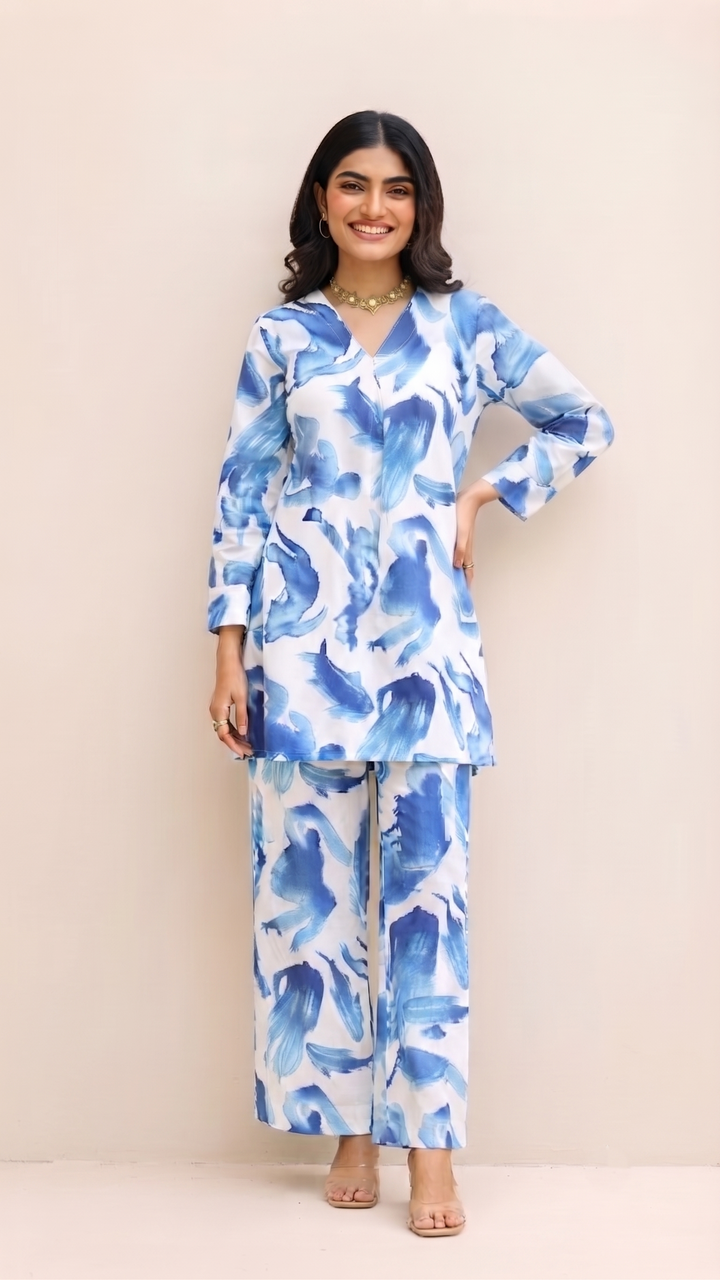 Watercolor Print Co-ord Set – Blue & White
