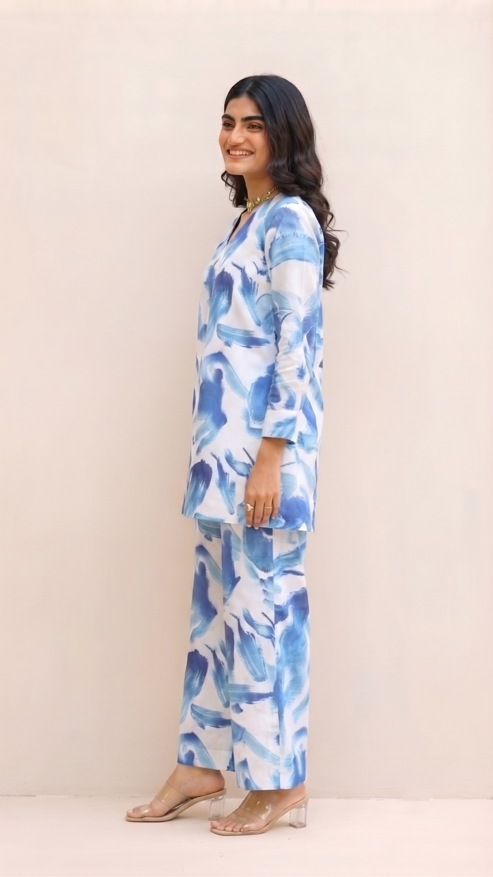 Watercolor Print Co-ord Set – Blue & White