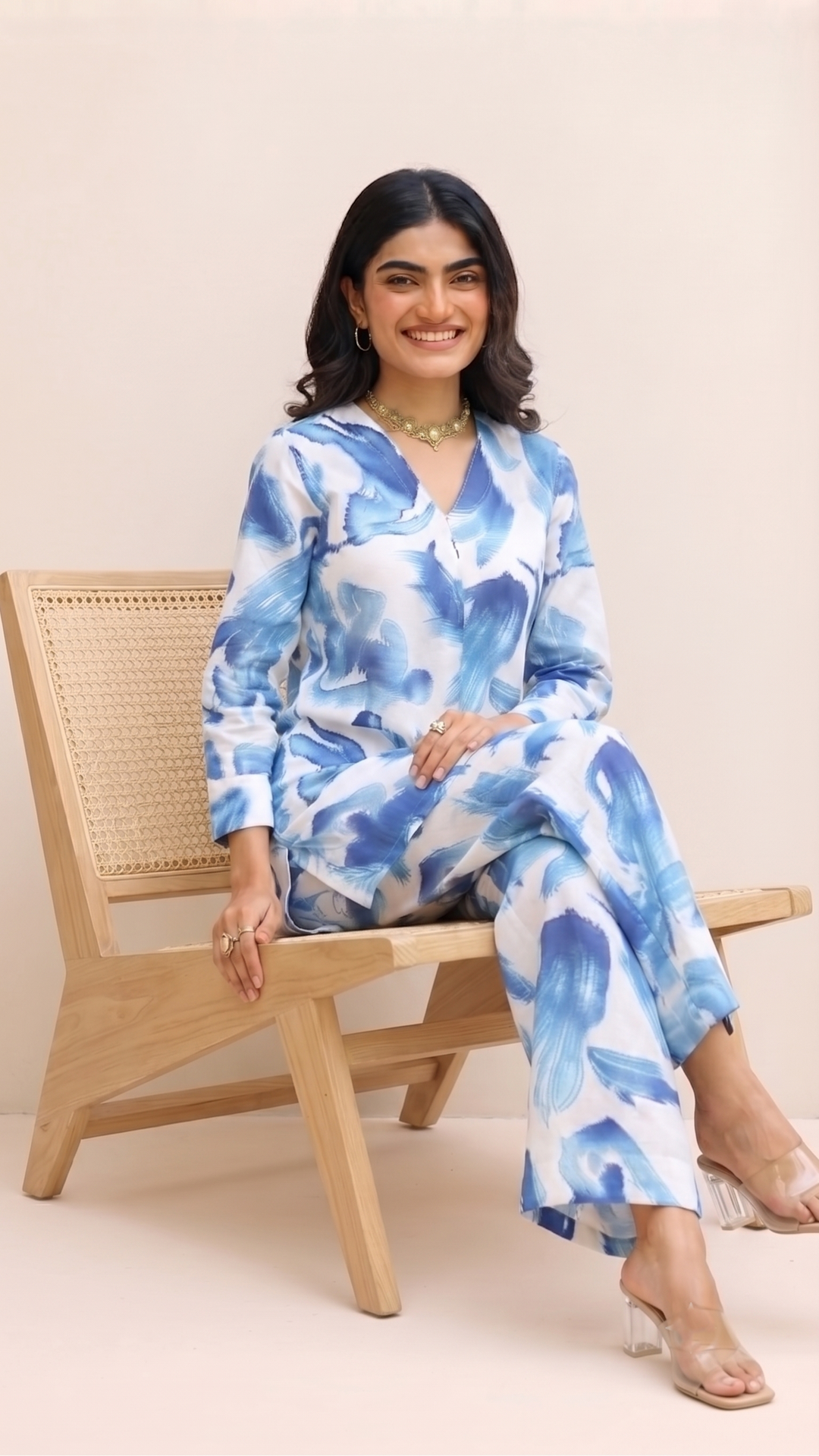 Watercolor Print Co-ord Set – Blue & White