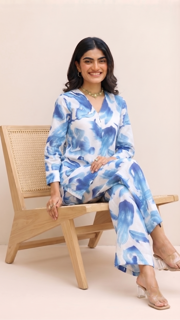 Watercolor Print Co-ord Set – Blue & White