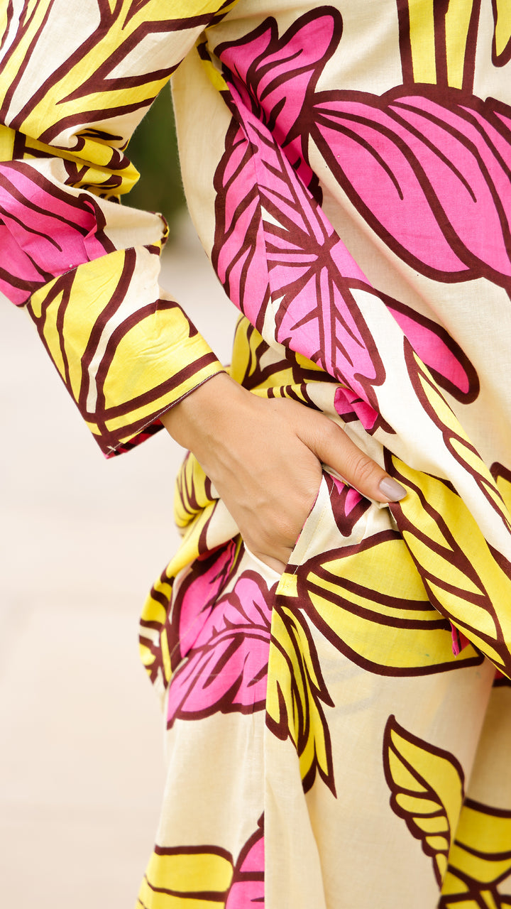 Yellow & Pink Tropical Leaf Co-ord Set – Summer Cotton Co-ord