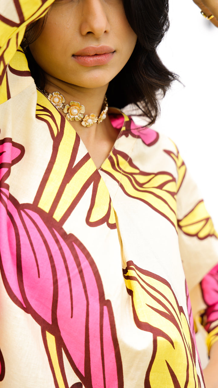Yellow & Pink Tropical Leaf Co-ord Set – Summer Cotton Co-ord