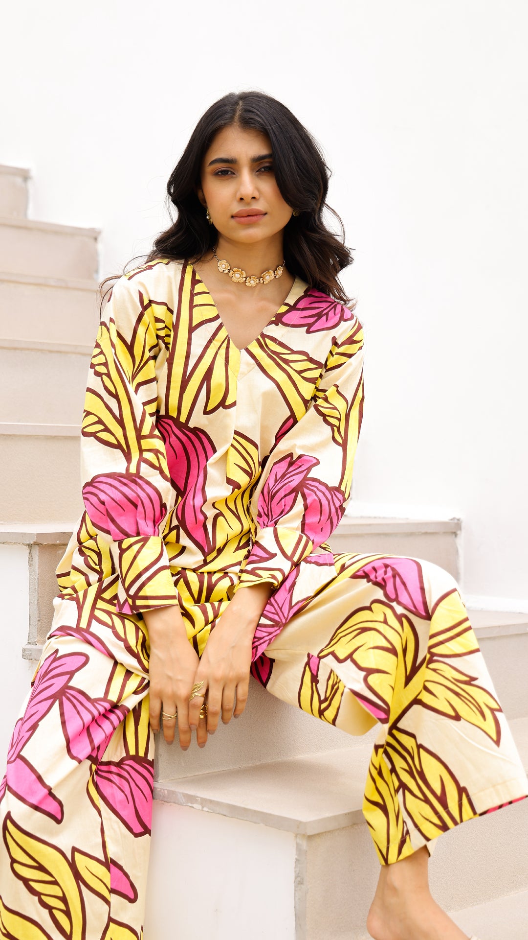 Yellow & Pink Tropical Leaf Co-ord Set – Summer Cotton Co-ord