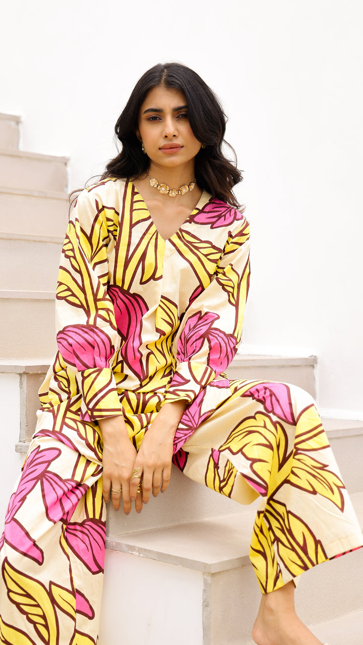 Yellow & Pink Tropical Leaf Co-ord Set – Summer Cotton Co-ord
