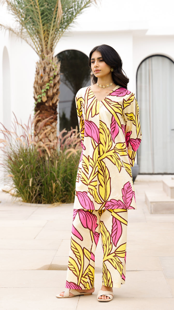 Yellow & Pink Tropical Leaf Co-ord Set – Summer Cotton Co-ord