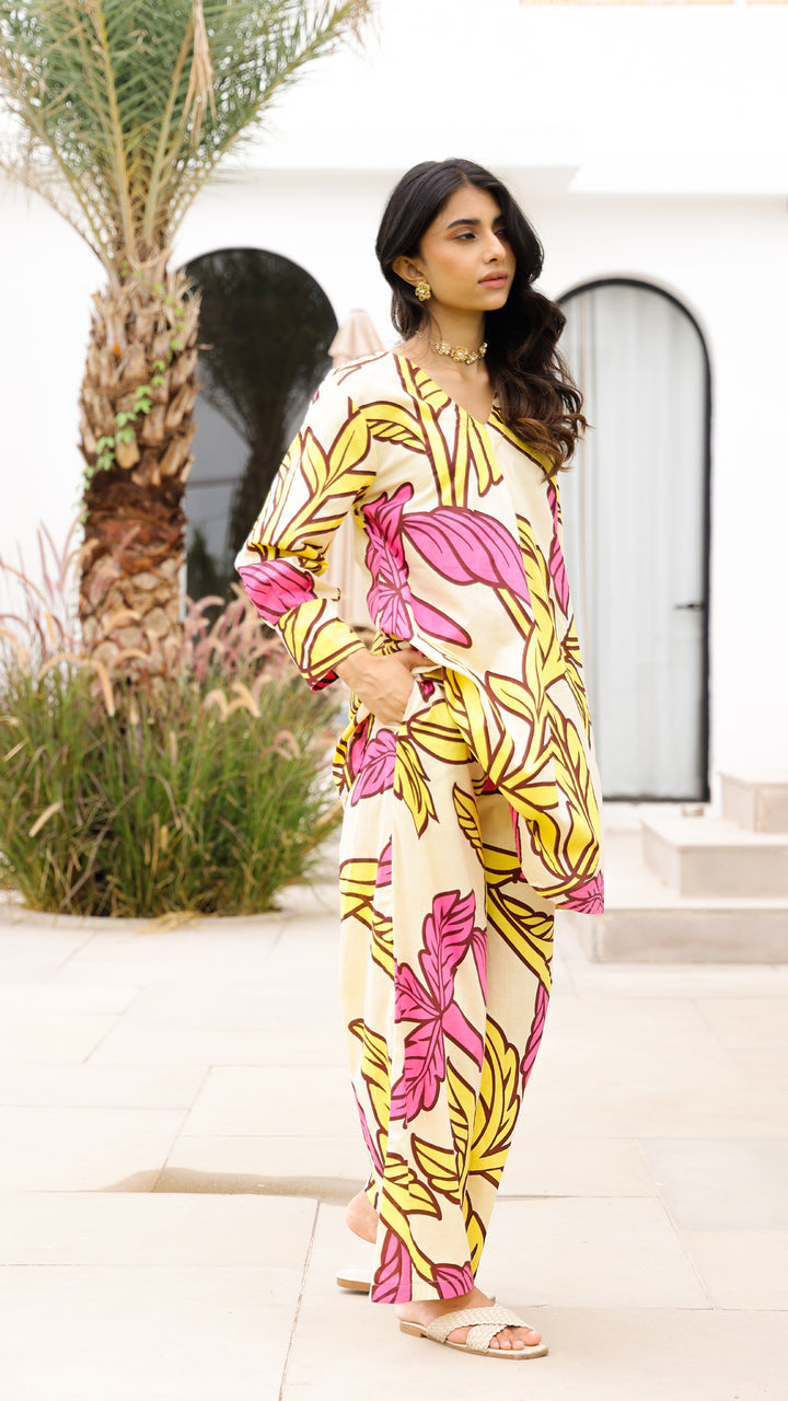 Yellow & Pink Tropical Leaf Co-ord Set – Summer Cotton Co-ord