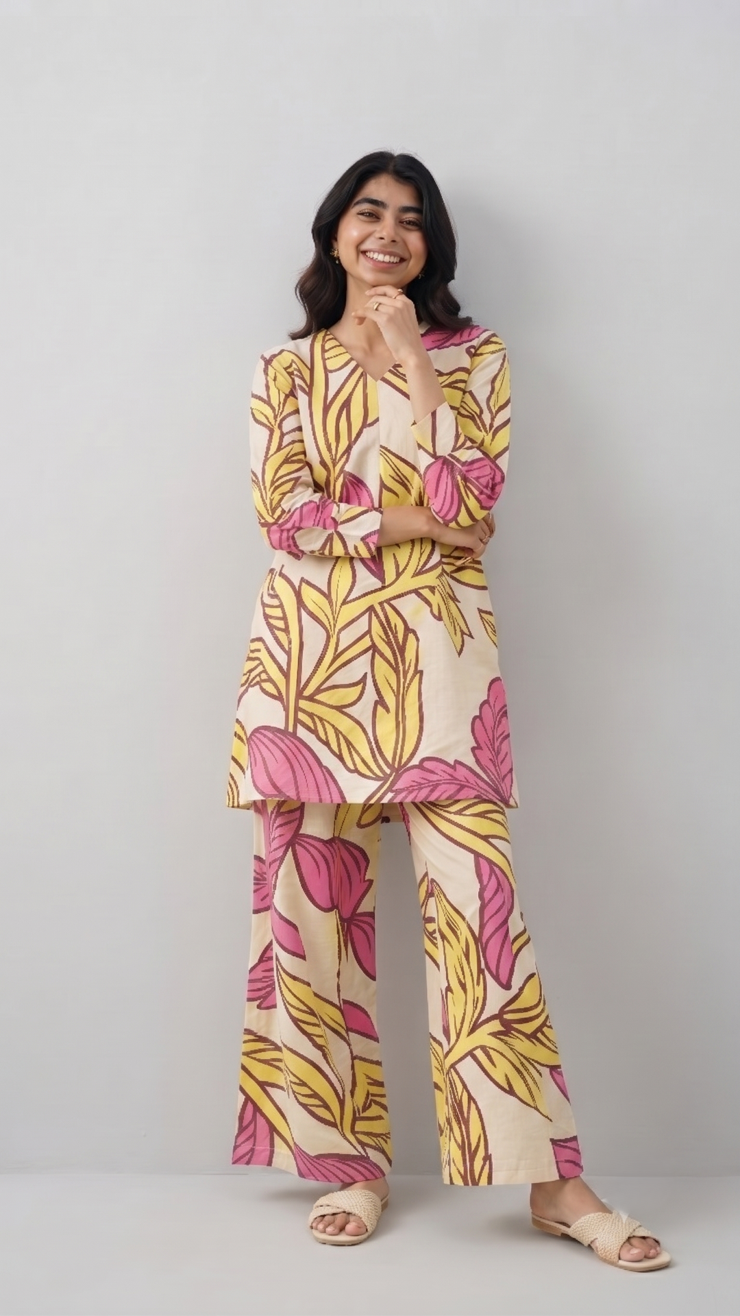 Yellow & Pink Tropical Leaf Co-ord Set – Summer Cotton Co-ord