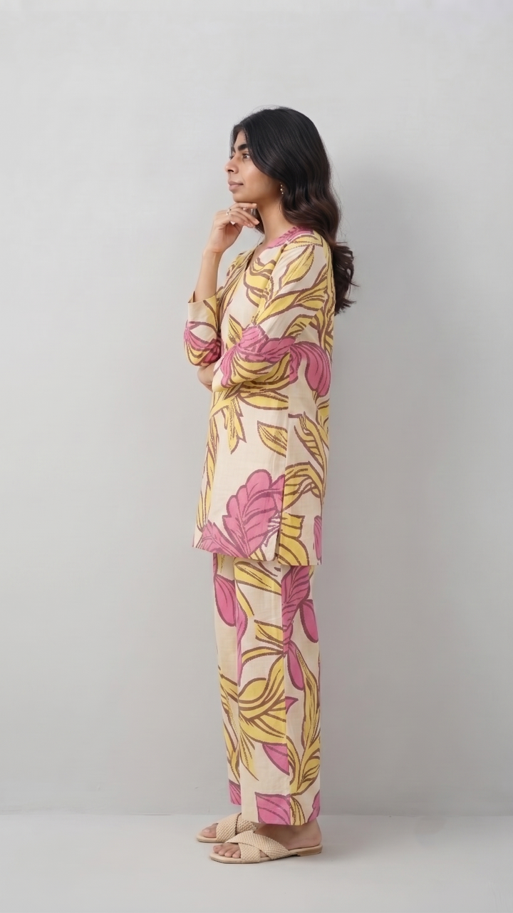 Yellow & Pink Tropical Leaf Co-ord Set – Summer Cotton Co-ord