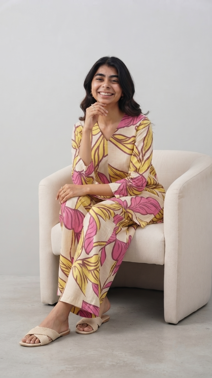Yellow & Pink Tropical Leaf Co-ord Set – Summer Cotton Co-ord