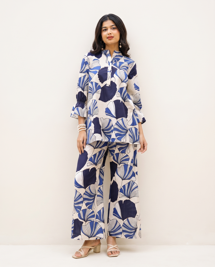 Indigo Fan Co-ord Set – Blue Abstract Print Cotton Coord