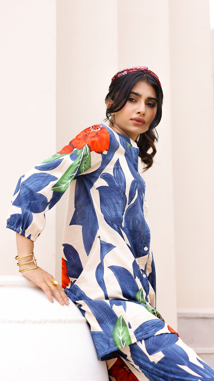 Ivory & Blue Oversized Leaf Co-ord Set
